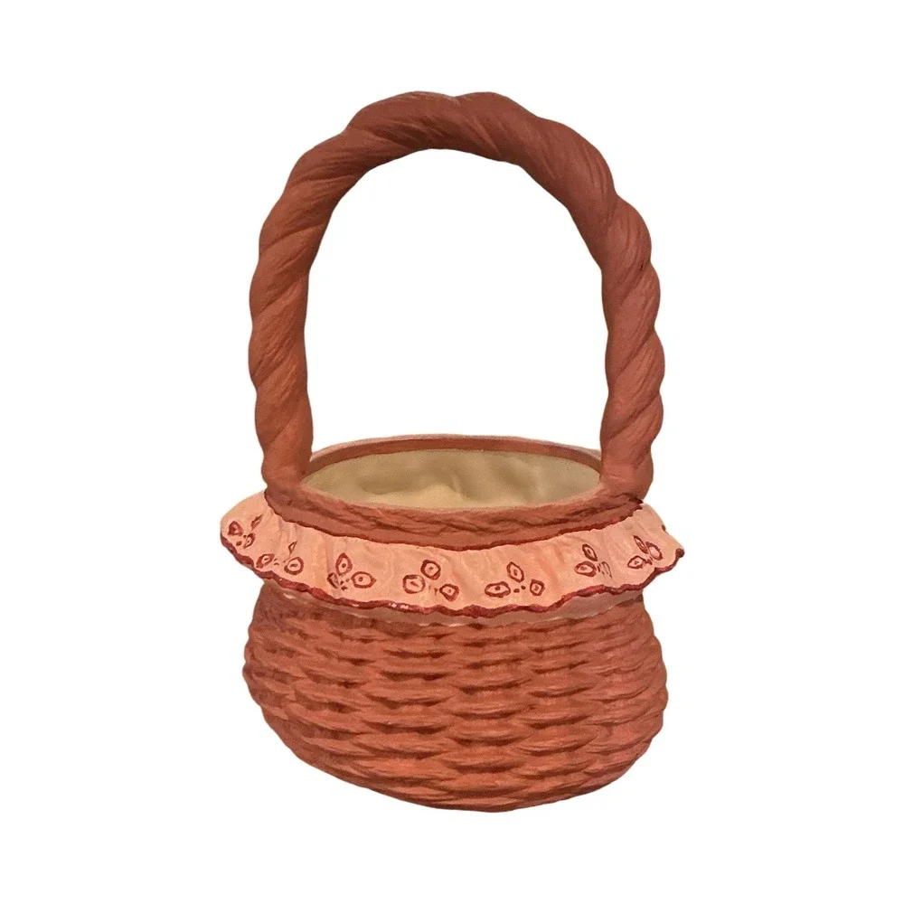 Vintage Ceramic Woven Basket Planter Terracotta Ruffle Floral Detail 7.5 Inch